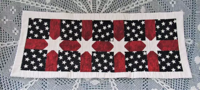 Quilted Table Runner or Wall Art, Hand Made, Red White & Blue, Stars, Patriotic