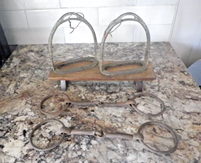 Vintage Pair of Metal Horse Stirrups & A Pair of Horse Bits Country Horse Decor