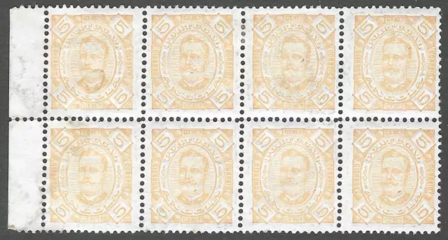 ANGOLA : 1894 King Carlos 5r pale yellow  perf 11 1/2 SG 50a mint block of 8