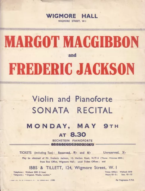 Konzertkonzertkonzertprogramm 1938 Wigmore Hall Margot MacGibbon Violine