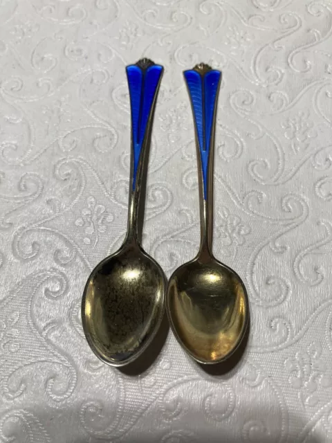 Norway David Andersen PAIR 925S Sterling Blue Enamel Demitasse Spoons RADHUS