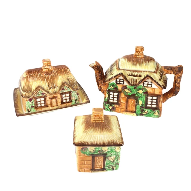 3ct VTG OCCUPIED Japan Ceramic Teapot Butter Dish Tea Bag Holder Cottage House