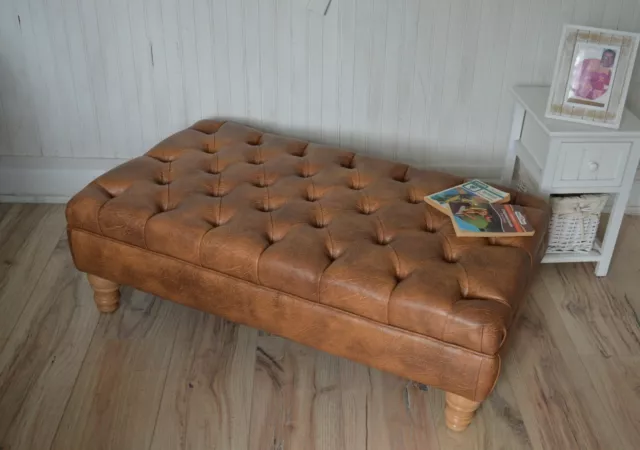 Chesterfield Deep Button Footstool In Tan Faux Leather With Oak Hardwood Legs