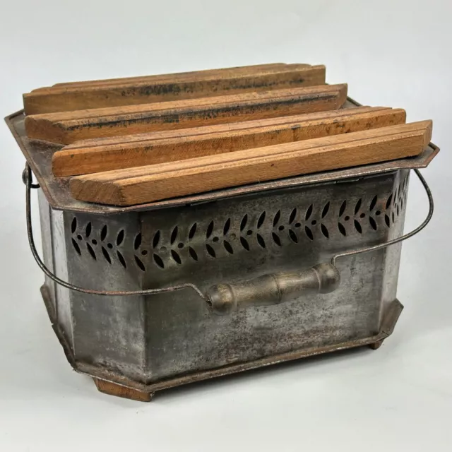 Vintage French Traditional Metal Foot Warmer With Original Wooden Slats & Liner