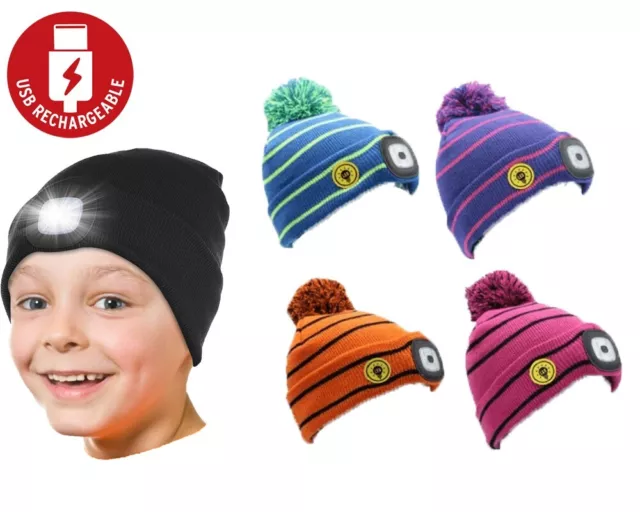 Kinder Jungen Mädchen Thermo Winter Warm USB LED Bommel Beanie MÜTZE Isolierkappe