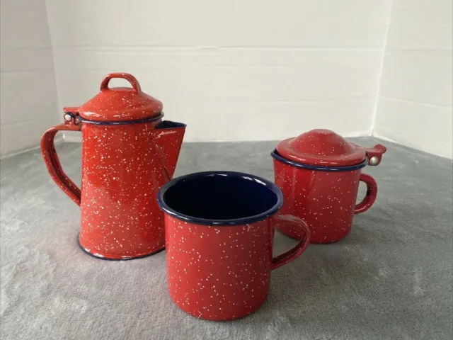 Vintage Red Speckled Enamelware Small Coffee Pot, Mug And A Creamer Pitcher