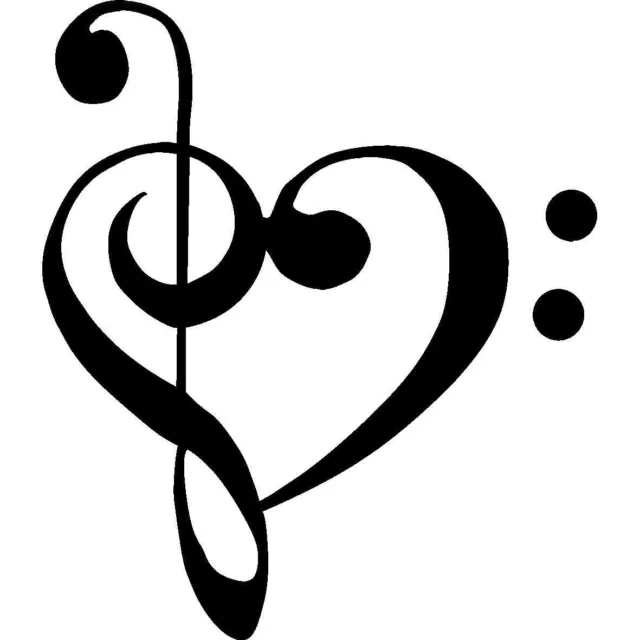 TREBLE BASS CLEF HEART Love of music 3.5" BLACK Vinyl Decal Window Sticker
