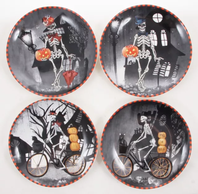 222 Fifth Dapper Mr. & Mrs Skeletons Porcelain Halloween Salad  Plates Set of 4