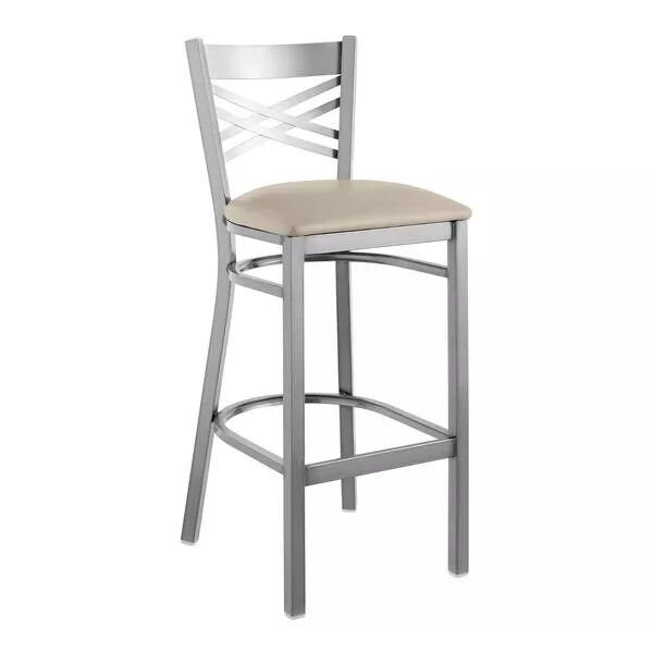 Cross Back Clear Coat Metal Restaurant Barstool With Ligh Gray Vinyl Padded Seat