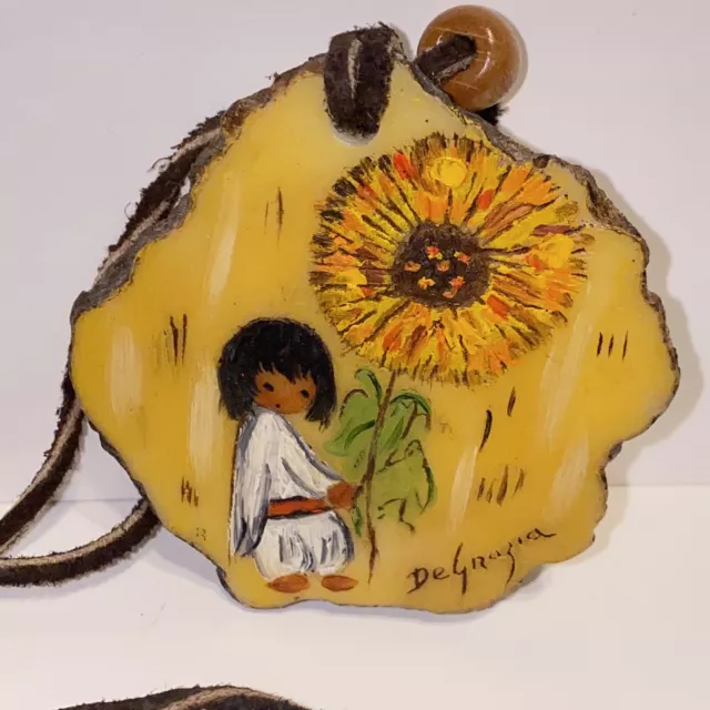 TED DEGRAZIA HAND Painted & Signed Little Girl with Flower Leather Cord ...