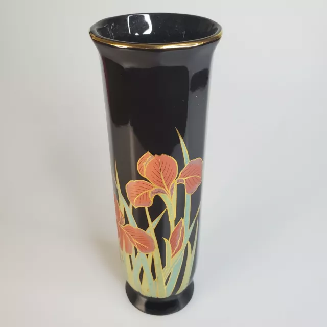 Vintage Otagiri Japan Black Bud Vase Salmon Red Iris Flowers Gold Trim 7" Tall