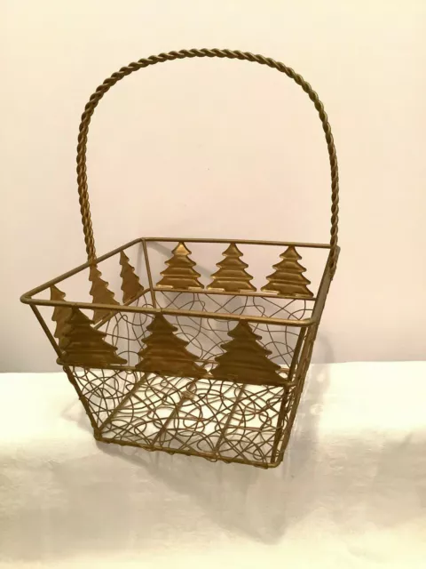 Gold Tone Metal Christmas Basket Cut Out Trees with Handle Square