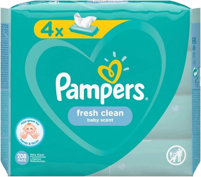 PAMPERS Frais Clean Lingettes pour Bébé lot de 3 box 4 Paquets 208 Lingettes