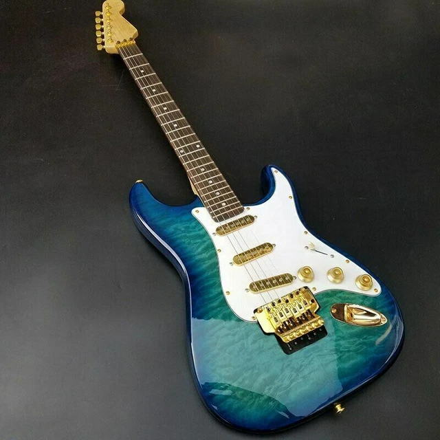 Hot Sale ST Electric Guitar Blue Quilted Maple Top Gold Hardware White Pickguard