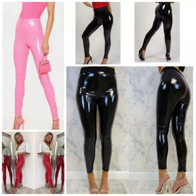 Women Wet LOOK Shiny Vinyl Leggings Trouser PU Leather Zipper Open Crotch  Pants