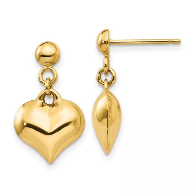 14k Yellow Gold Polished Puffed Heart Dangle Post Earrings