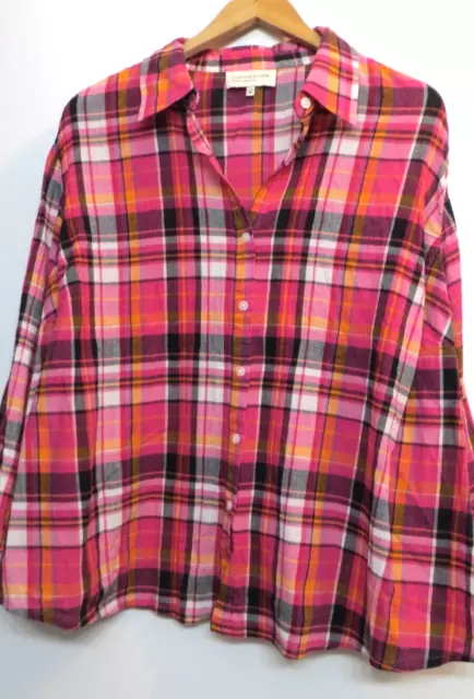 Jones New York Sport Shirt Womens 2X Bright Pink Multicolor Plaid Cotton