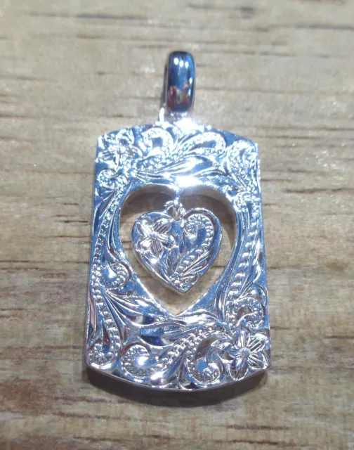 17.5Mm Heavy 925 Silver Hawaiian Hand Engraved Dangling Heart Scrolls Pendant