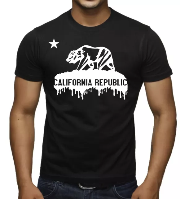 New Men's Dripping California Republic Black T Shirt Cali Bear Flag Graphic Tee