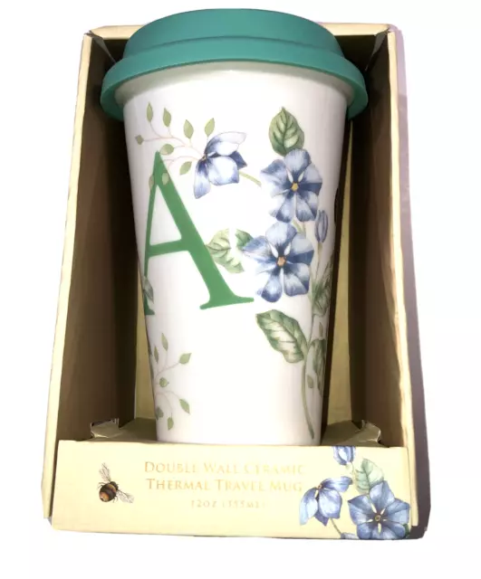 LENOX  Letter A THERMAL TRAVEL MUG Coffee  12oz BUTTERFLY MEADOW NEW!