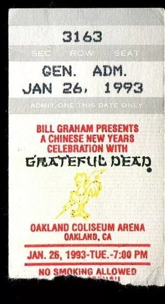Ticket Concert Grateful Dead Jerry Garcia 1993 1.26 Oakland Coliseum