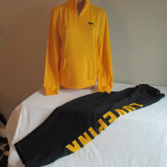 Victoria's Secret PINK 1/4 Zip Sweatshirt & Open Leg Track Pant Black/Yellow L