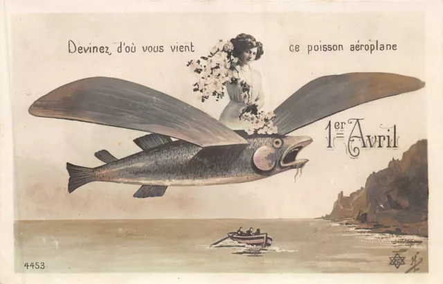 Cartolina Fantasia, Jeune Bambina Su Un Pesce Volante, 1 Er Avril