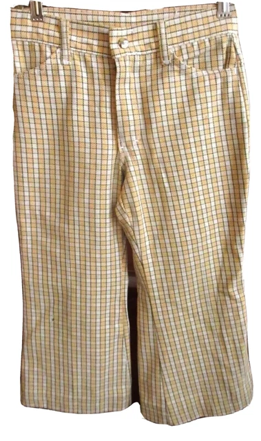 26x19  true Vtg 70s Boys Girls YELLOW PLAID BELLBOTTOM FLARE DENIM HIPPY JEANS