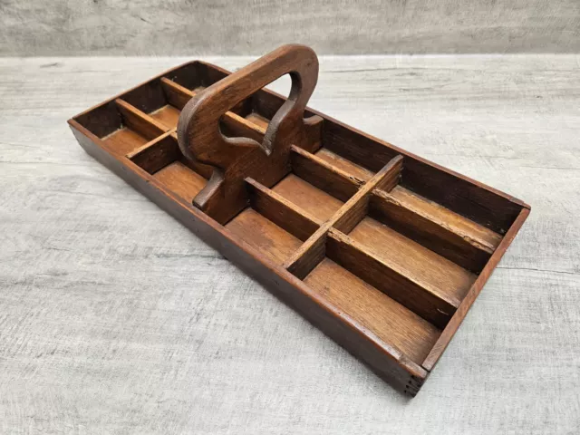 Antique Wooden Organizer Tray With Carry Handle Handmade Brown Traditional