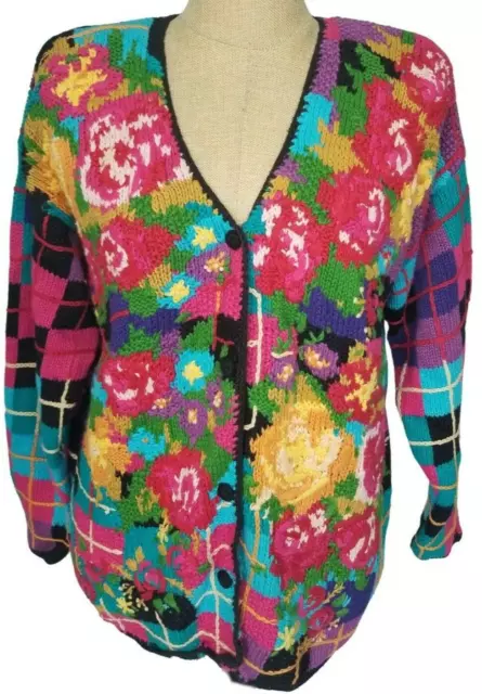 Vtg 90s Casual Corner Cardigan Sweater Large Floral Plaid Bright Colors NWT