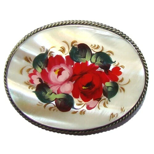 Broche Nacre Peinte Fleurs Jostovo - Bijou Russe Femme