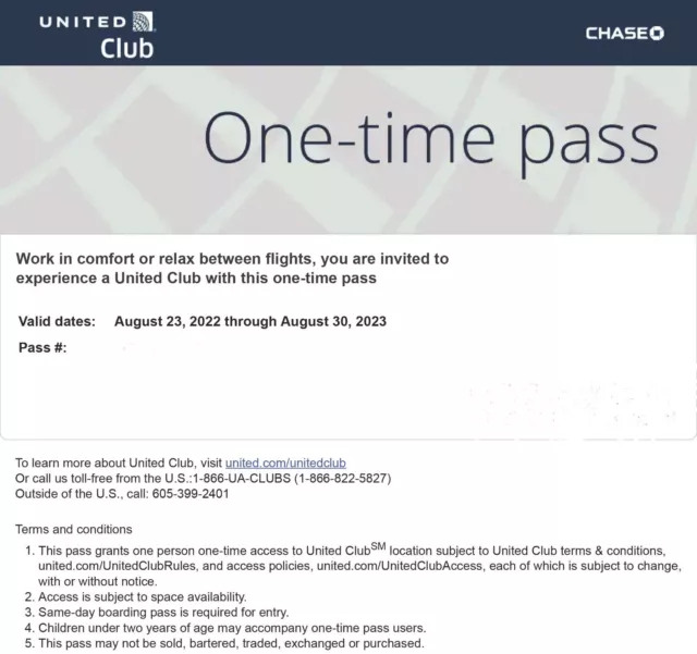 Two One-Time United Club Pass via Electronic Delivery (Exp: 8/30/2023)