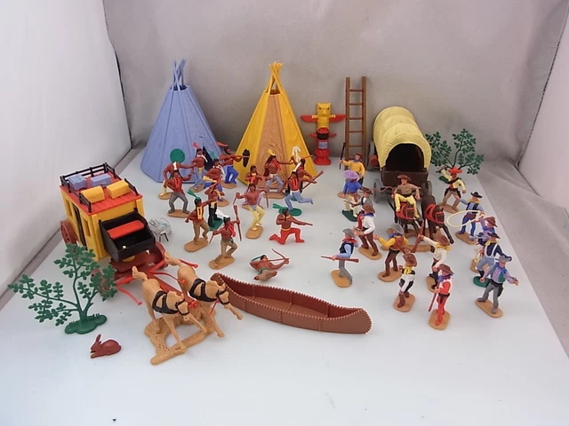 Lot Playmobil Ancien - Indiens, Cowboys, Chevaux, Calèche, Canoë, Tente Et Personnages