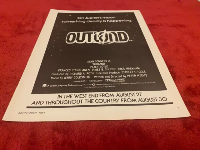 T&P3 Movie Advert 11X8 Sean Connery. Peter Boyle. Frances Sternhage In Outland