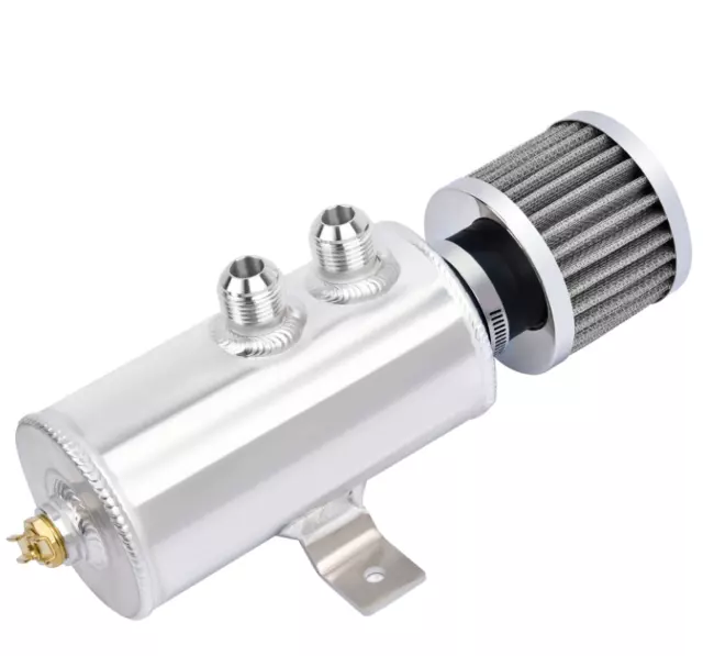 2 Port Reservoir Baffled Tank Oil Catch Can with Drain Valve Breather Aluminum