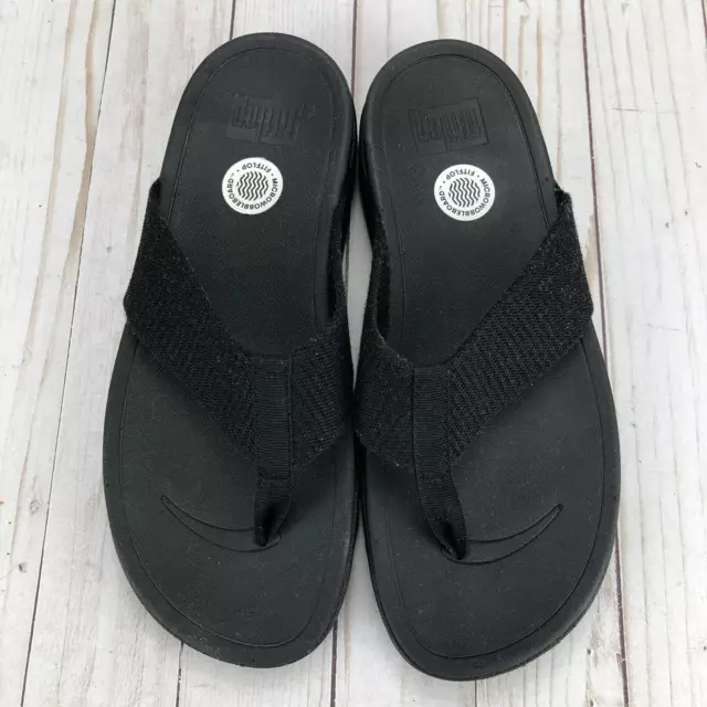 FitFlop Surfa Sandals Flip Flop Thong Wedge Slip On Black Fabric Womens Sz 9