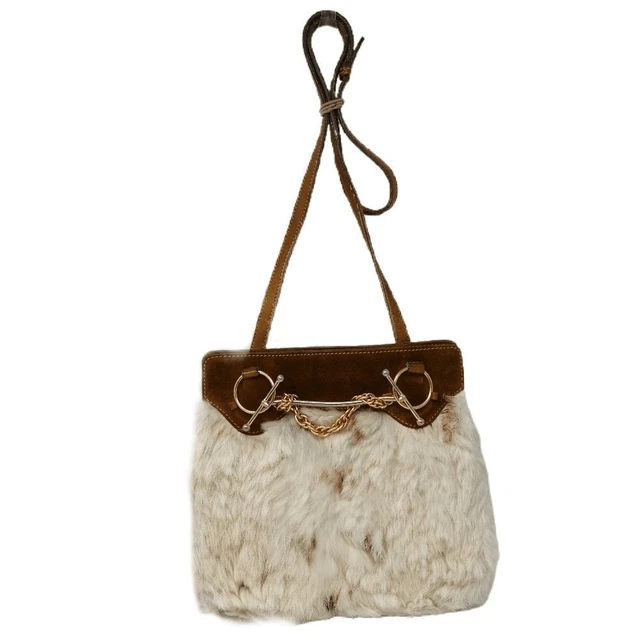 Rare Vintage Gucci Collector Tan Suede & Cream Fur Bag with Signature Gold Gucci Rare Vintage Gucci Collector Tan Suede & Cream Fur Bag with Signature Gold Gucci