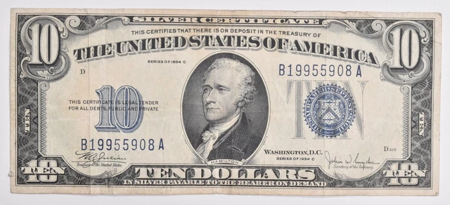 1934-C Silver Certificate $10 Blue Seal Avg Circ