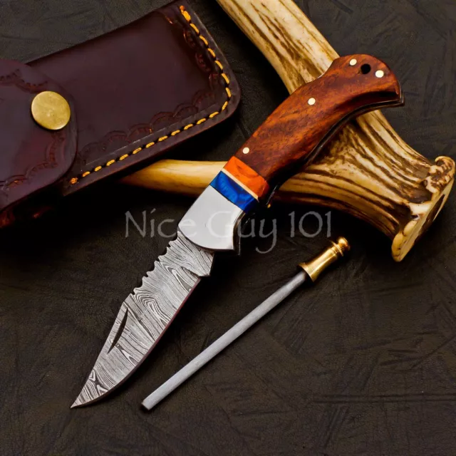 Custom Handmade Damascus Steel CAMPING FOLDING Blade POCKET Knife Hunting, Gift