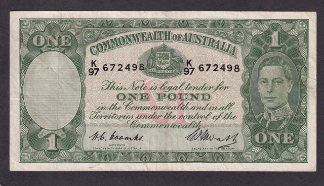 R31F ONE POUND Coombs Watt First Prefix K 97 aVF Australia 1 Pre