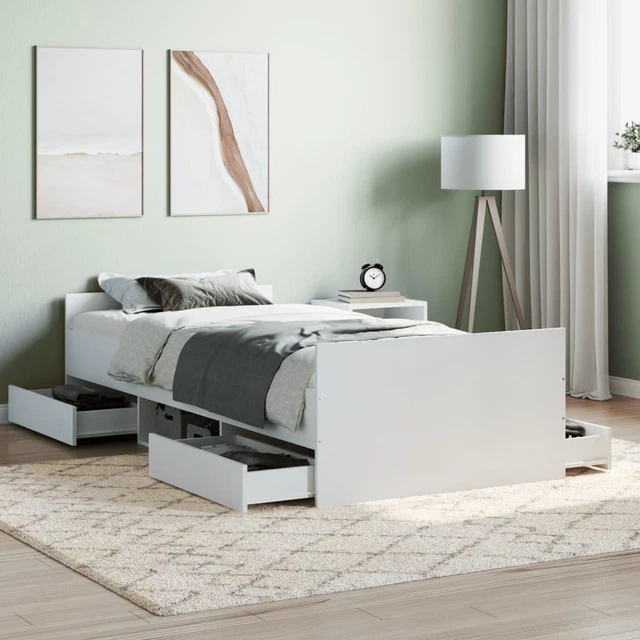 WHITE WOOD BED Frame with Headboard, Footboard & 4 Storage Drawers