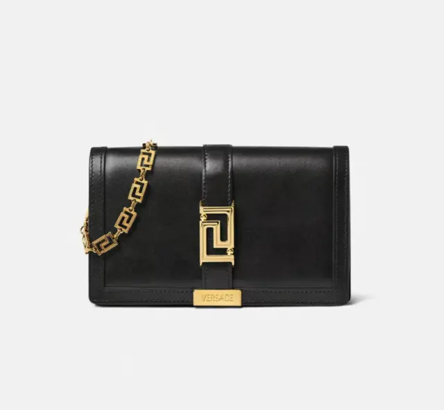 Versace Greca Goddess Black/Gold Leather Chain Wallet Shoulder Bag New SS24
