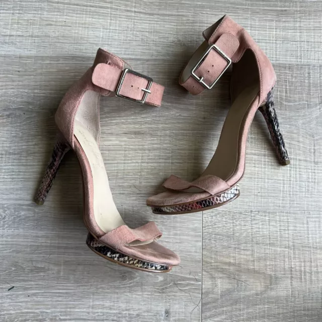 Calvin Klein Sz 5.5 Platform Sandals Vivian Pink Ankle Strap 4” Snake Print Heel