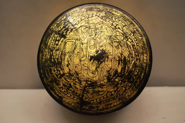 Antique Burmese Betel Nut Box Gilt Lacquerware Myanmar Floral Gold Painted King" 2