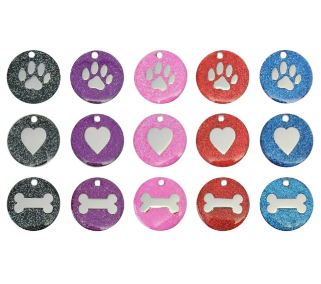 Dog Cat Pet Tag Engraved Reflective Collar ID Tags 25mm Glitter Various Designs