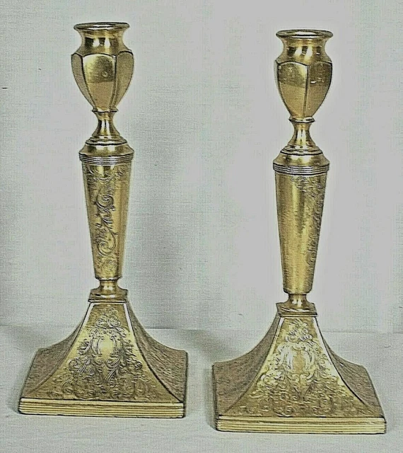 PAIR EARLY 20th CENTURY ENGRAVED BRASS CLASSICAL FEDERAL STYLE CANDLESTICKS