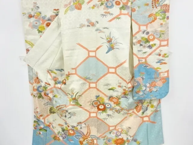 82899# Japanese Kimono / Antique Furisode / Embroidery / Kiku & Paulownia