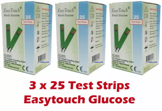 3 Boxes ( 75 Strips )  EasyTouch Easy Touch GLUCOSE Test Strips - EXP 2025