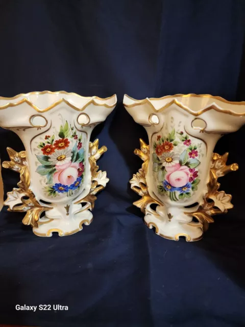 Vintage Pair VISTA ALEGRE Portugal Porcelain Hand Painted Flowers Spill Vase