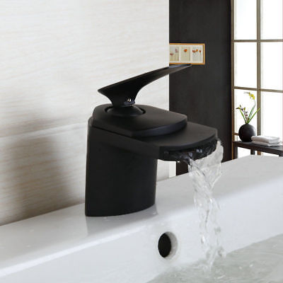 Grifo de pico de baño cascada negro cubierta de lavabo latón montado grifo fregadero